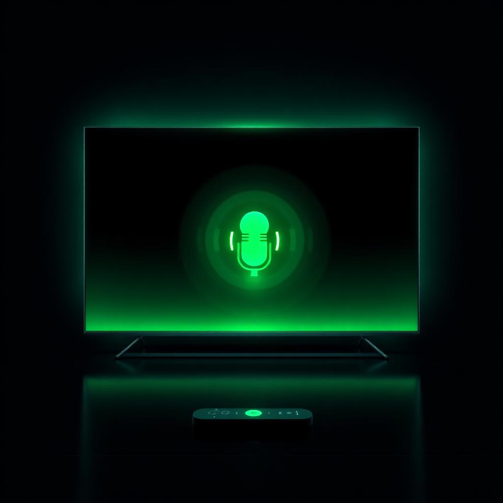 AI Voice Assistant visualization with glowing microphone orb on a television screen