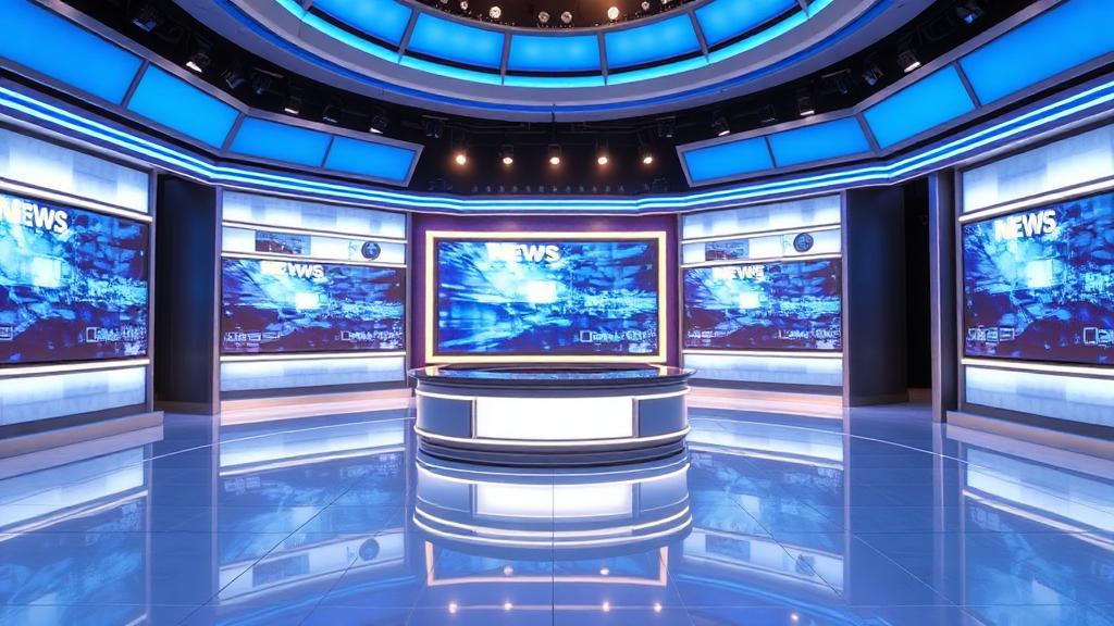Modern television news studio with glowing screens and blue lighting