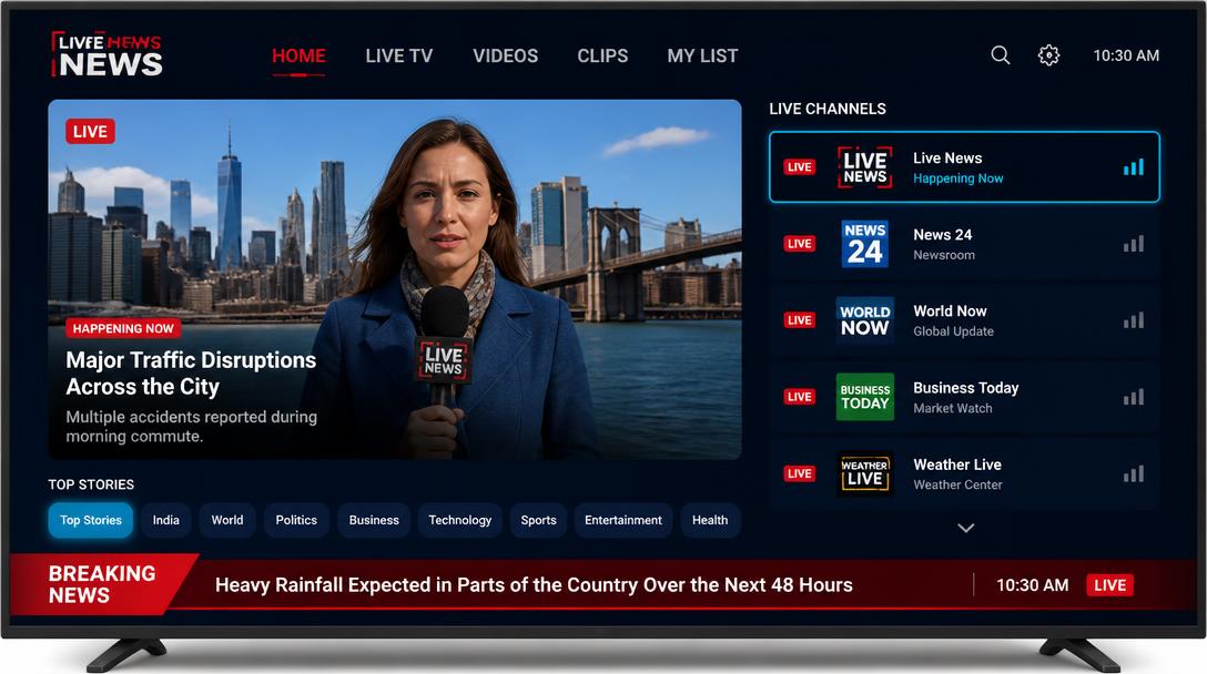 TV news app with a large live video tile, channel list and breaking news ticker