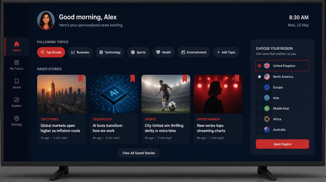 TV news briefing screen with followed topics, saved stories and region selection
