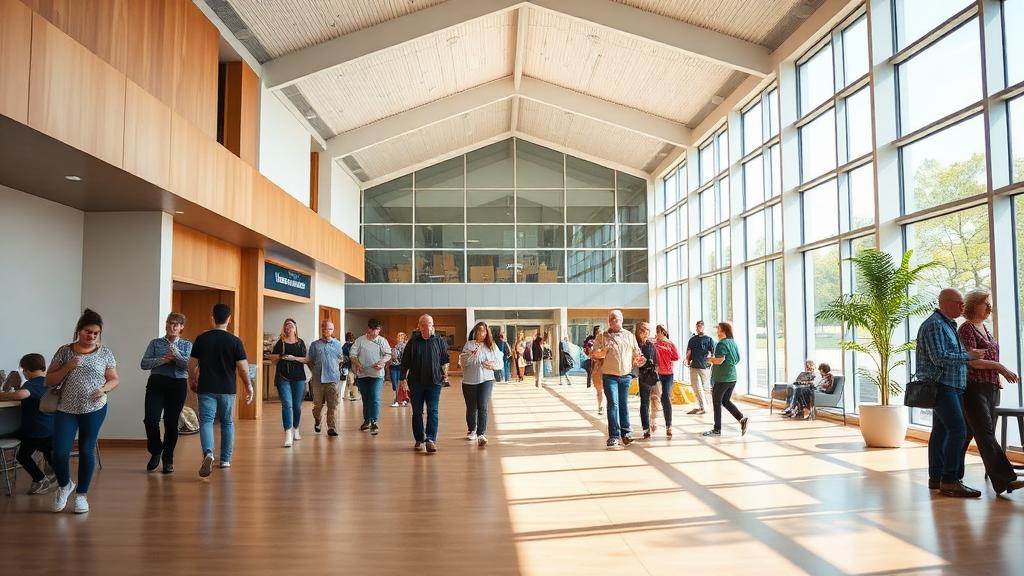 Bright modern community centre foyer with people at a distance