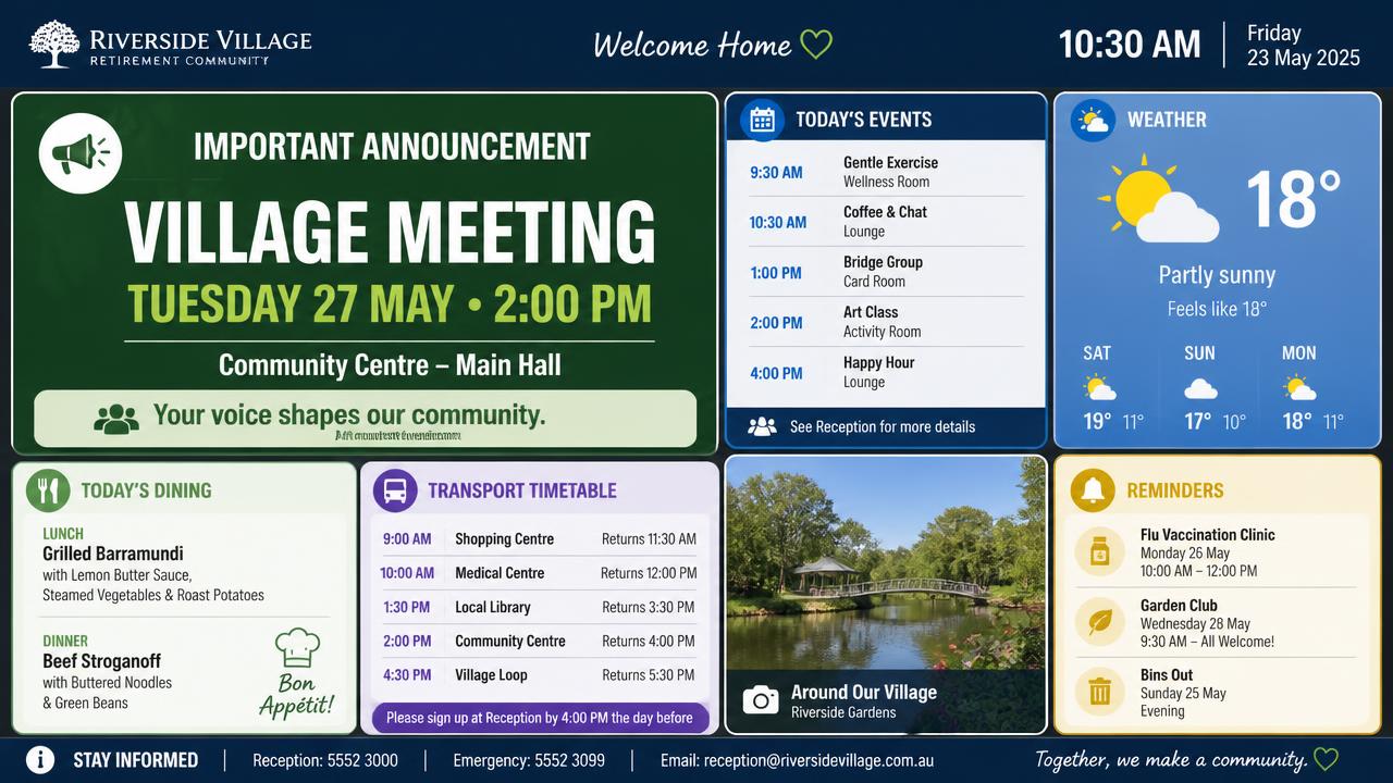 High-contrast community board with announcement, today's events, weather, menu and transport