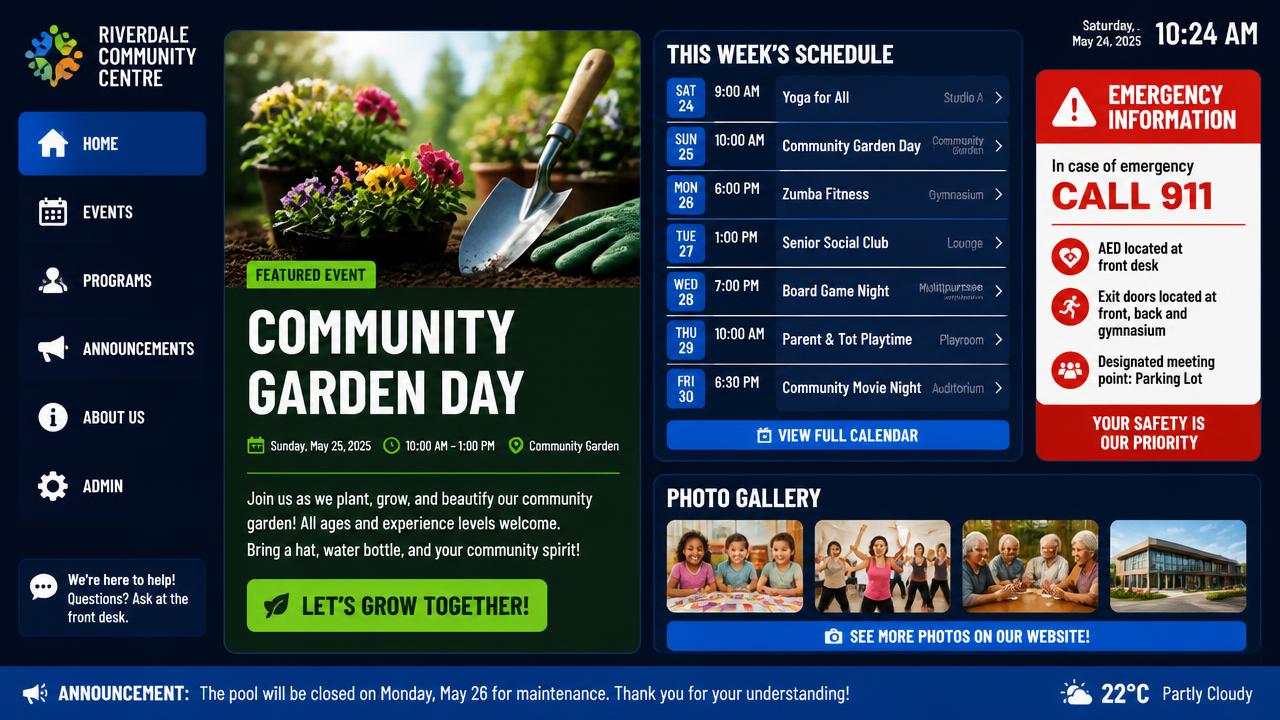 Community centre detail screen with featured event, weekly schedule, emergency info and photos