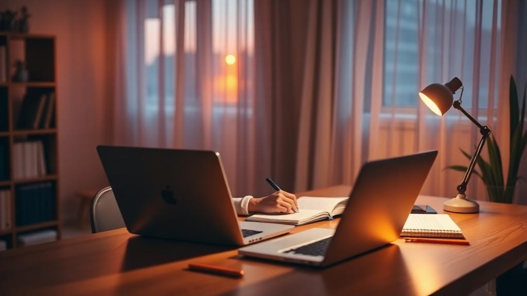 Warm evening study desk with a laptop and open notebook