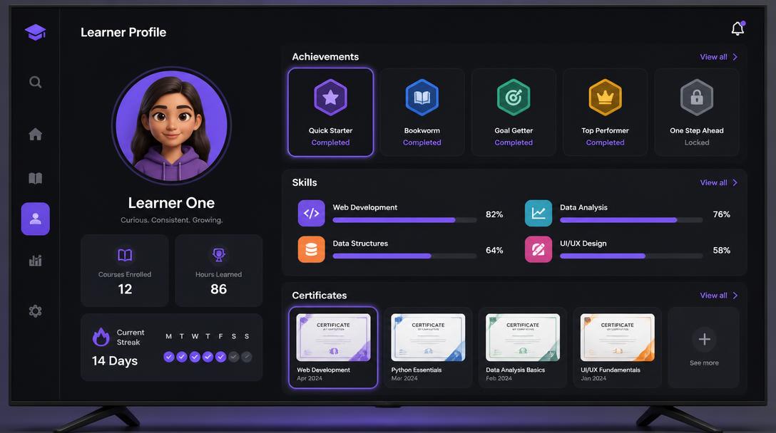 TV learner profile with avatar, achievement badges, skill bars and certificates