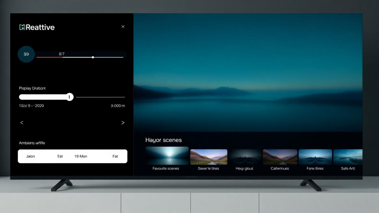 TV settings panel with display duration, brightness, clock toggle and favourite scenes