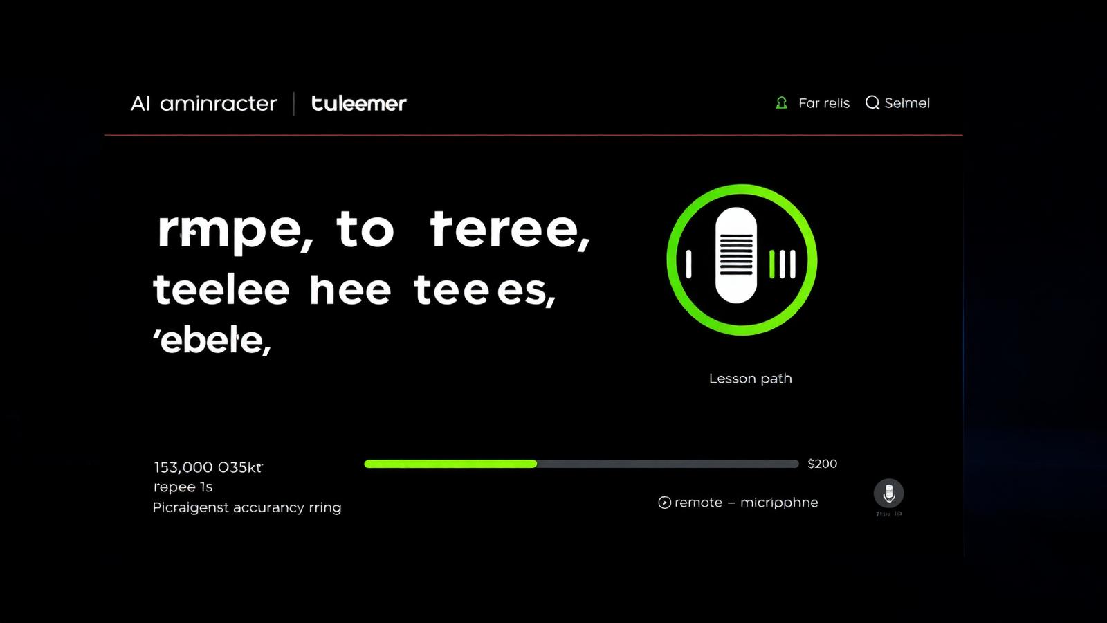 TV lesson screen with a large phrase, microphone waveform and pronunciation accuracy score