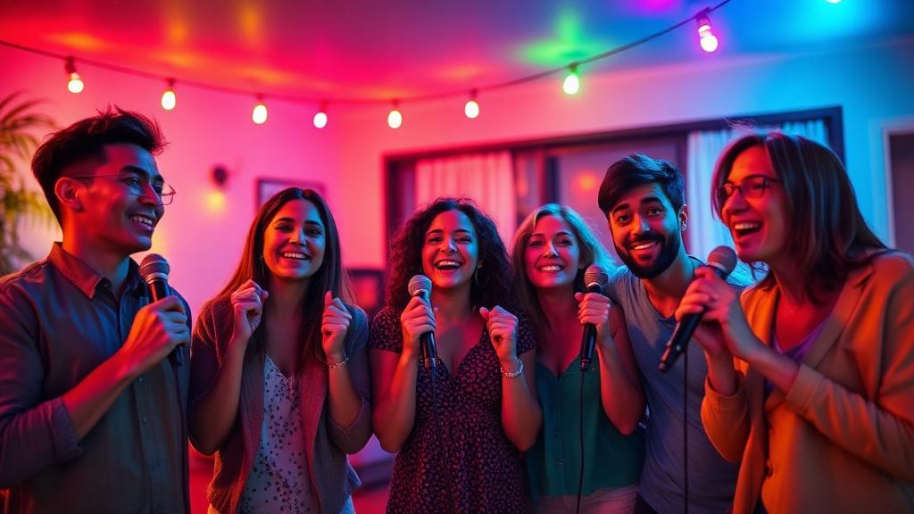 Friends singing karaoke together in a living room with colourful lighting
