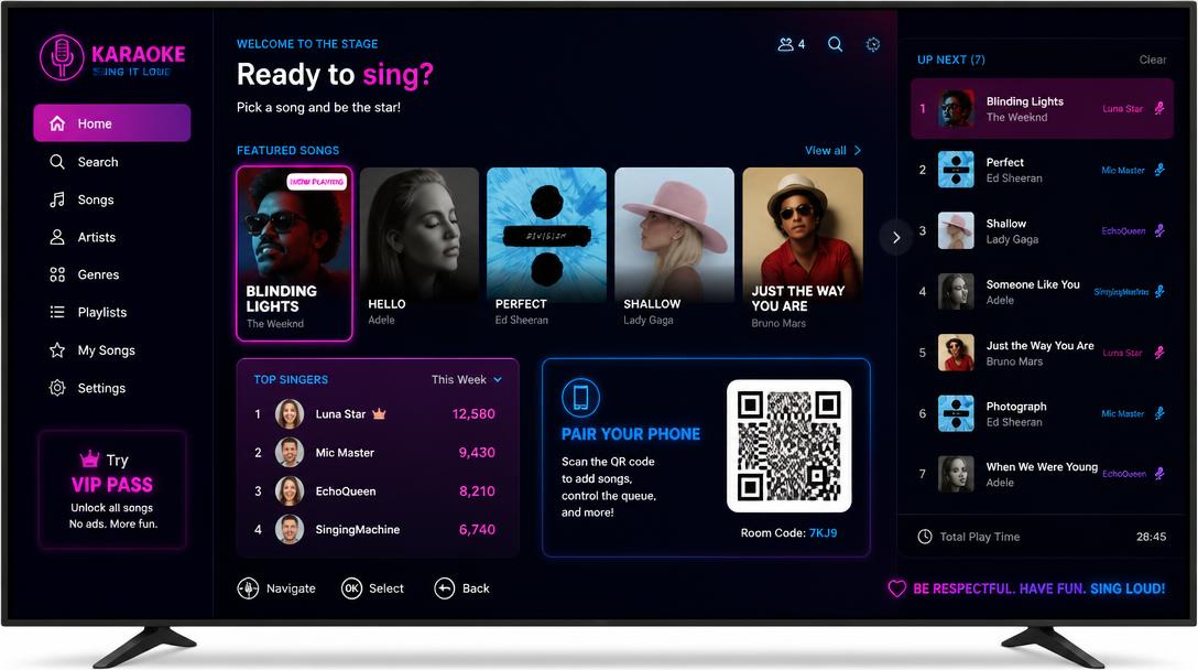 TV karaoke home screen with song rail, singer scoreboard, queue panel and pairing QR code