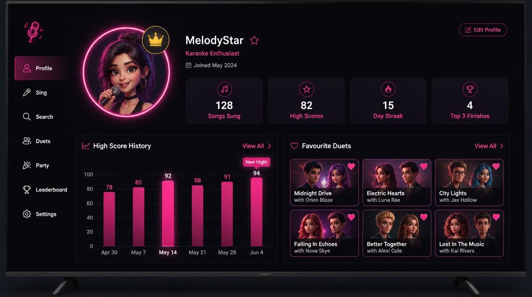TV karaoke profile with avatar, songs-sung stats, score history chart and favourite duets