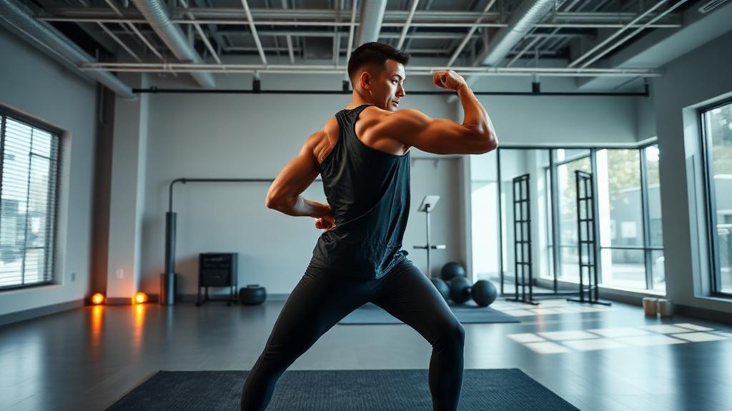 Trainer demonstrating a functional exercise in a bright modern training studio