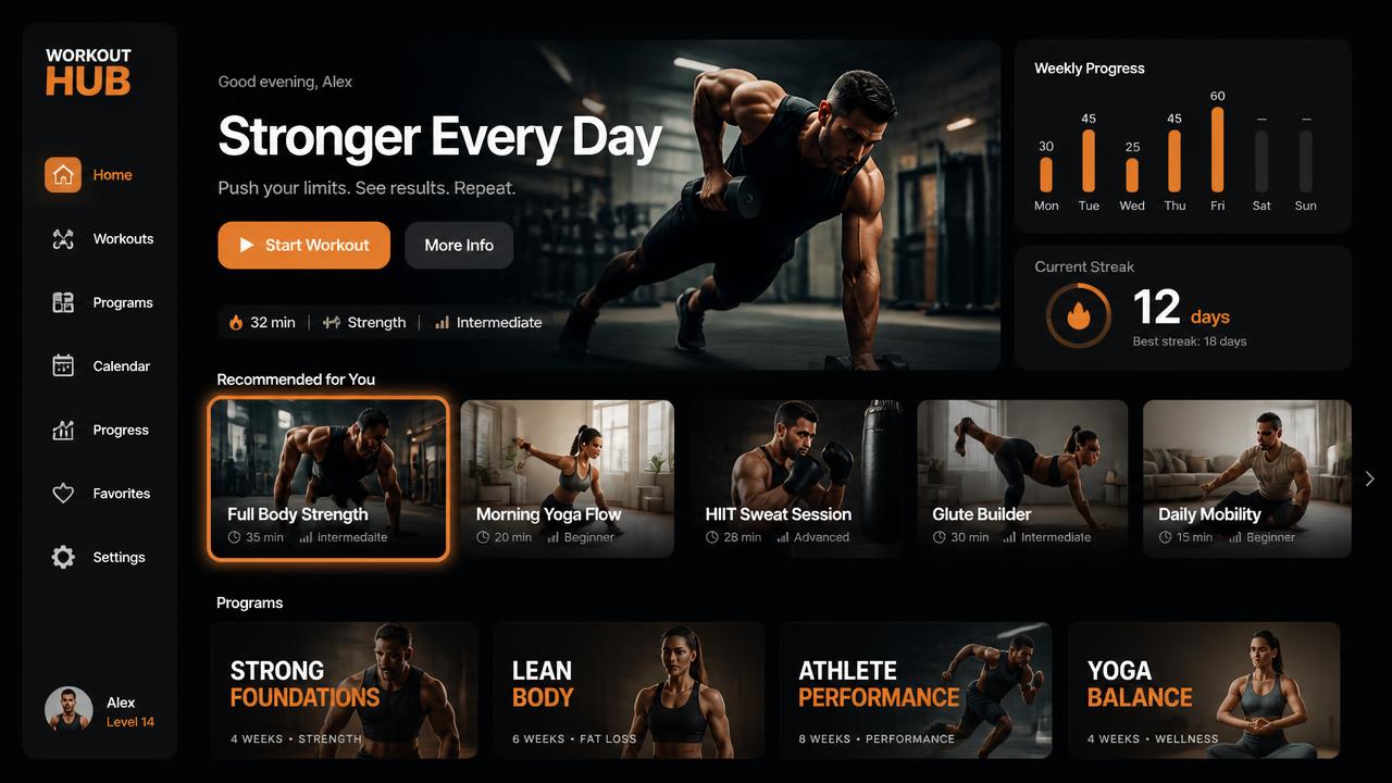 TV fitness dashboard with hero workout, recommended rails, weekly progress and streak