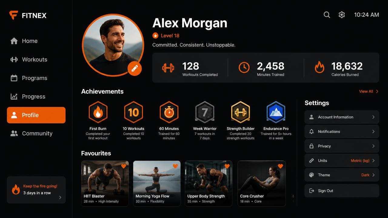 TV fitness profile with avatar, training stats, achievement badges and favourites
