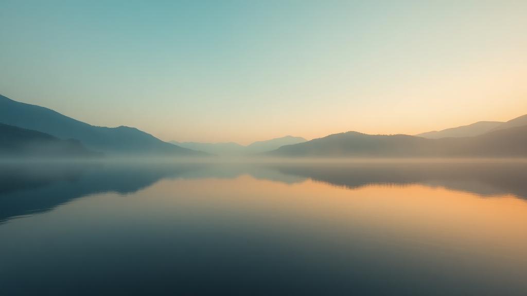 Still mountain lake at dawn with soft mist and reflections