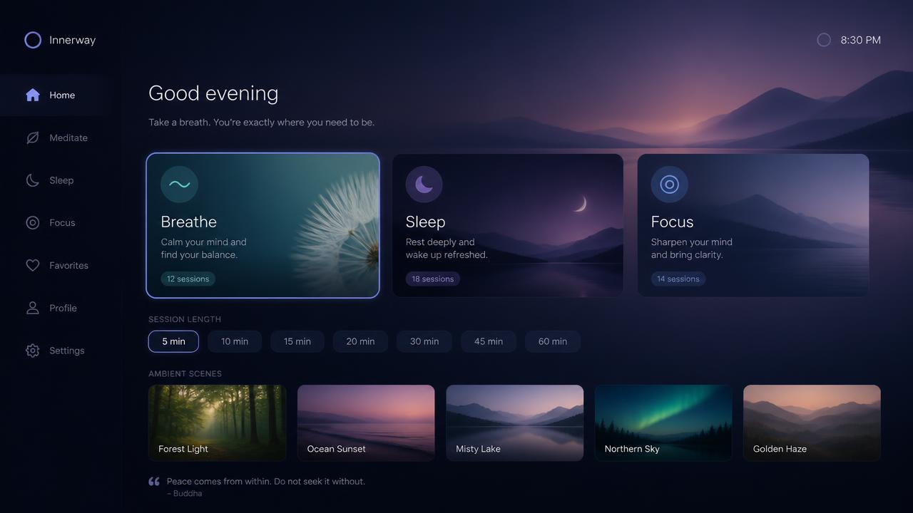 Calm wellness dashboard with breathe, sleep and focus cards, session lengths and ambient scenes