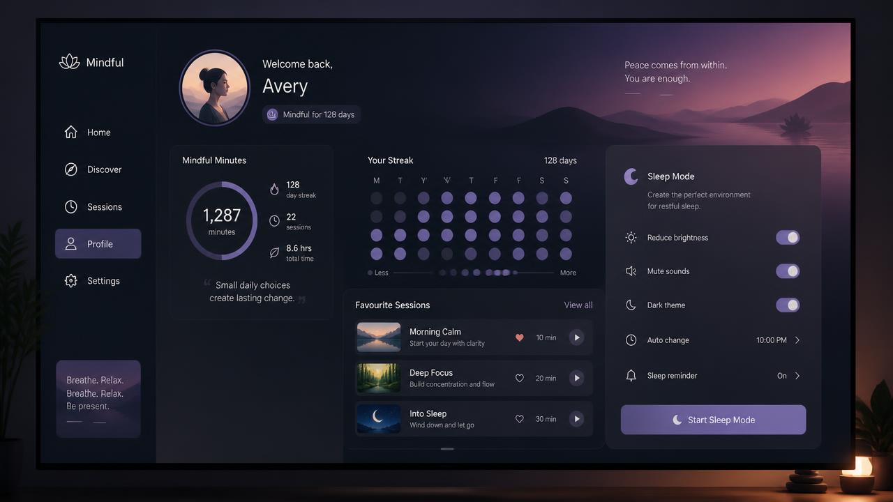 Wellness profile with mindful minutes, streak calendar, favourite sessions and sleep settings
