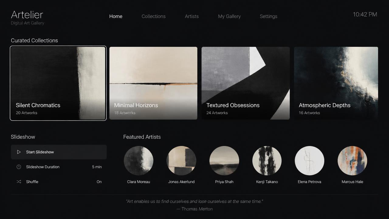 Minimal digital art gallery dashboard with curated collections, slideshow settings and artists