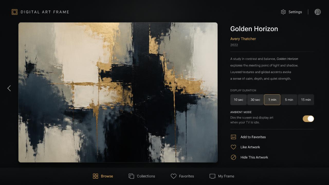 Artwork detail screen with large abstract piece, artist information and display duration settings