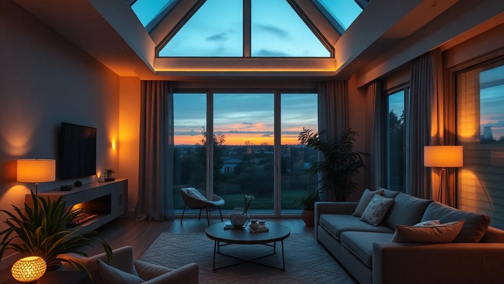 Modern smart home living room glowing at dusk
