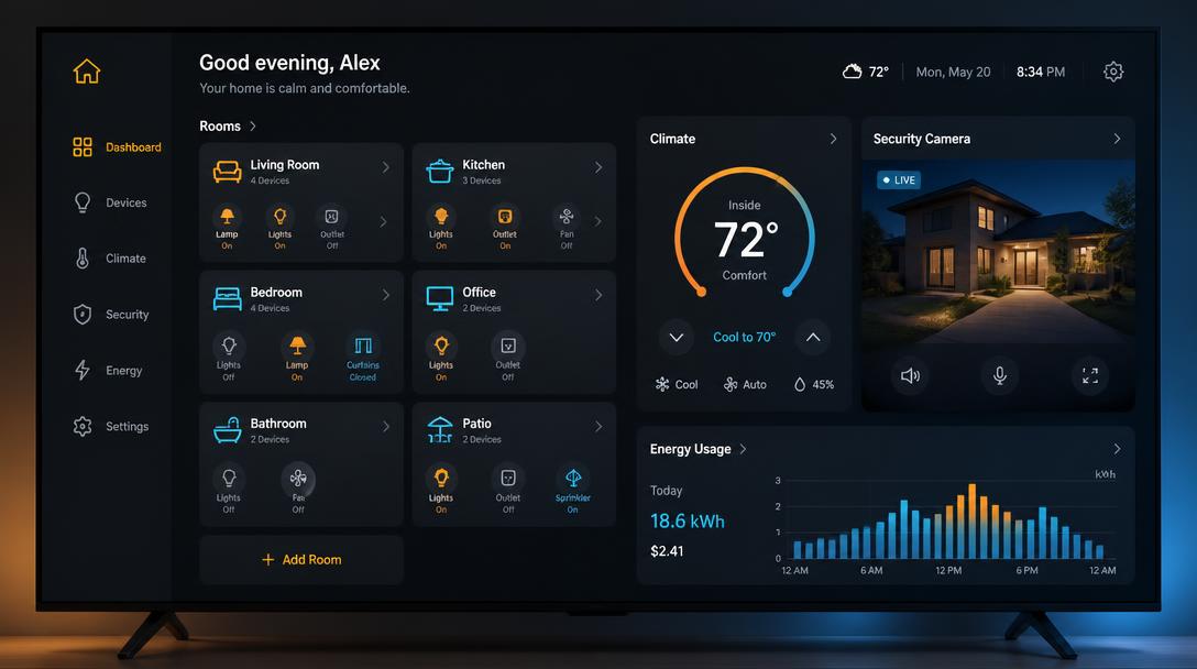 TV smart home dashboard with room device tiles, thermostat dial, camera tile and energy chart