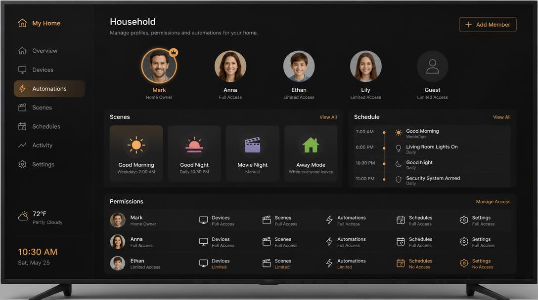 TV household screen with member avatars, scenes, schedule timeline and permissions