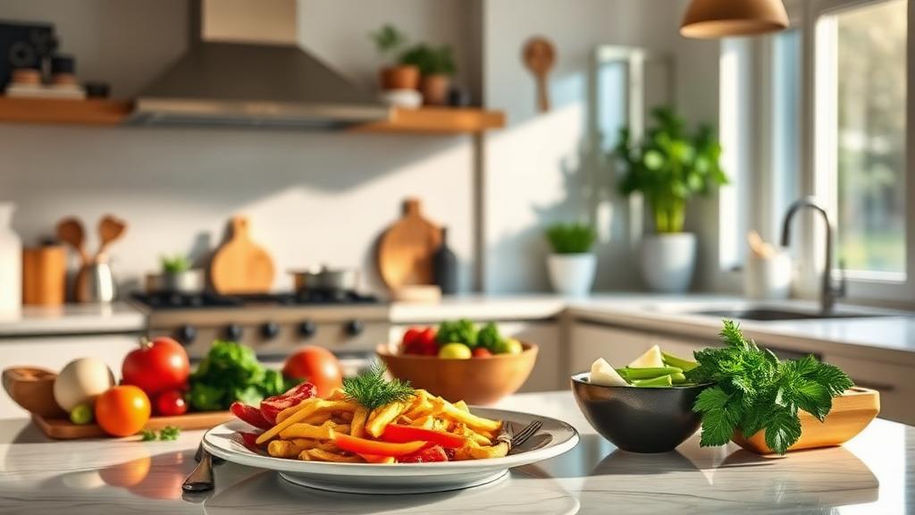 Plated meal and fresh ingredients on a bright modern kitchen bench