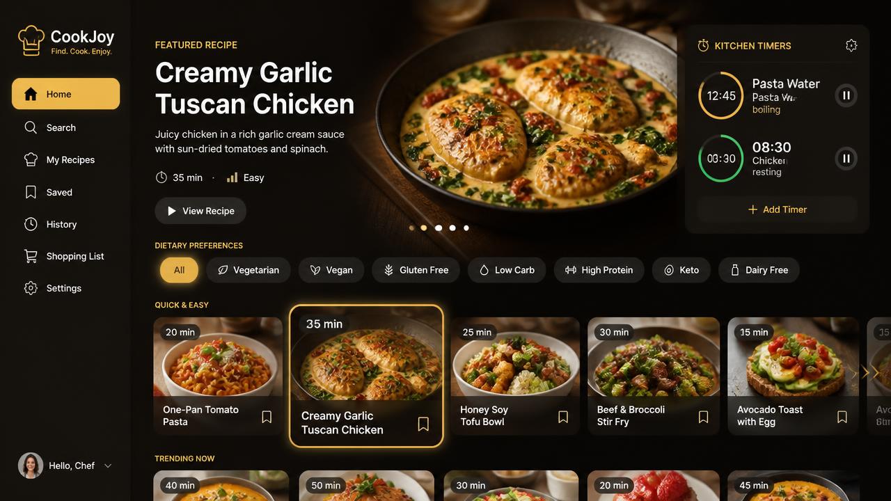 Cooking TV dashboard with featured recipe, dietary filters, recipe rails and kitchen timers