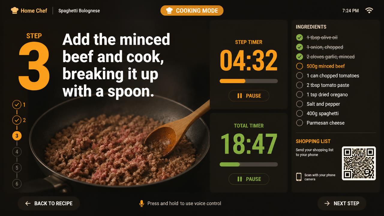 Step-by-step cooking screen with huge step text, ingredient checklist, timers and shopping-list QR