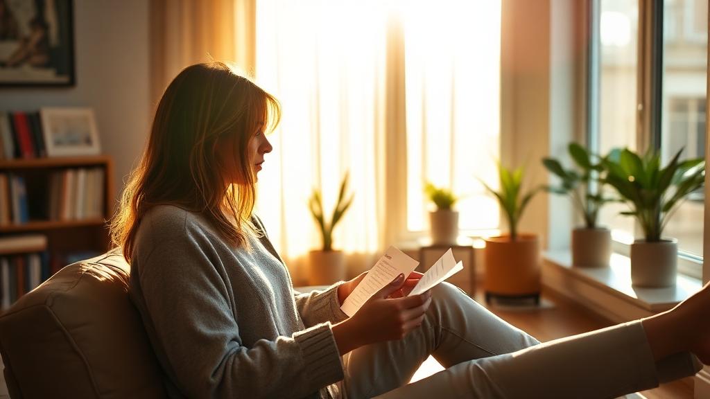 Person practising vocabulary with flashcards in a sunlit room