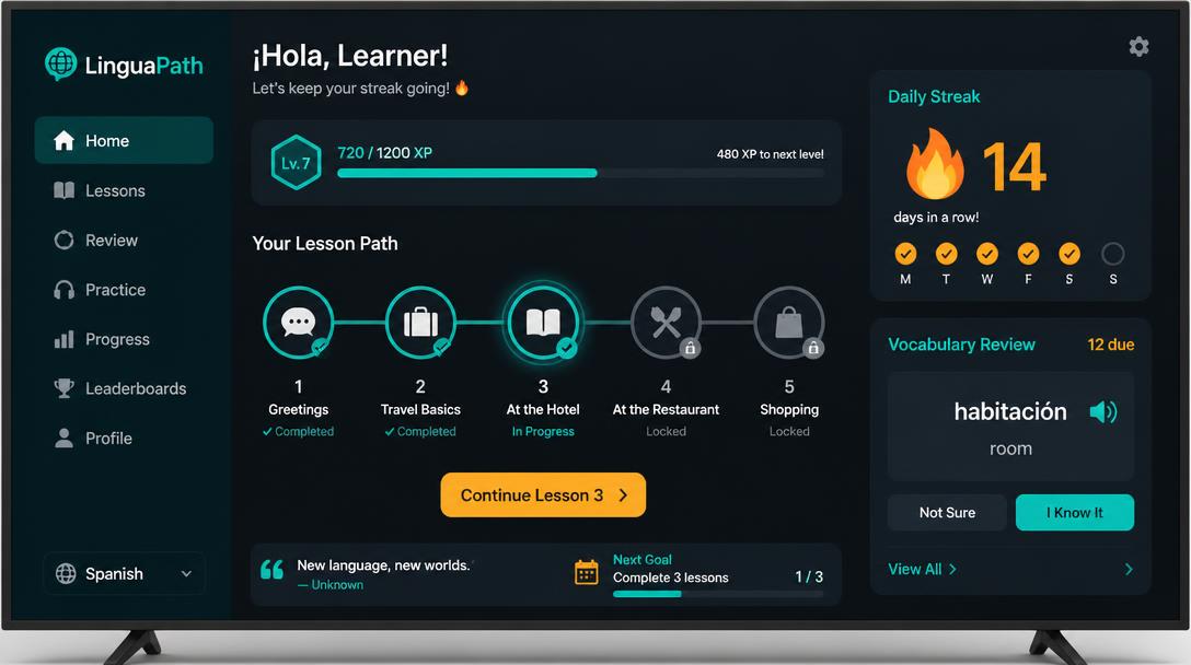 TV language learning dashboard with XP bar, lesson path nodes and a vocabulary review card