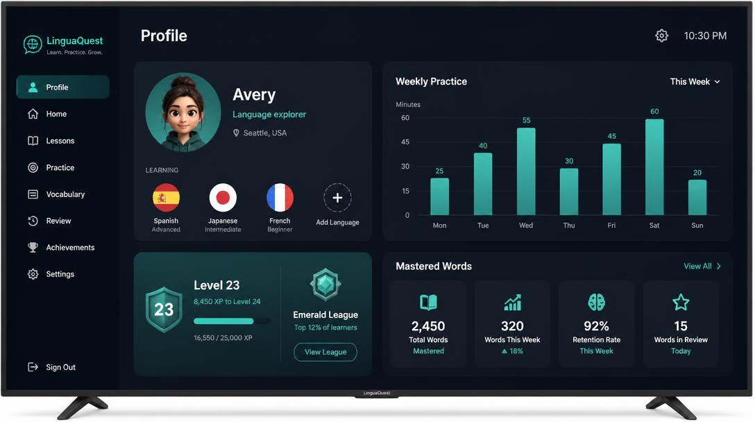 TV language profile with weekly practice chart, level card and mastered-word stats