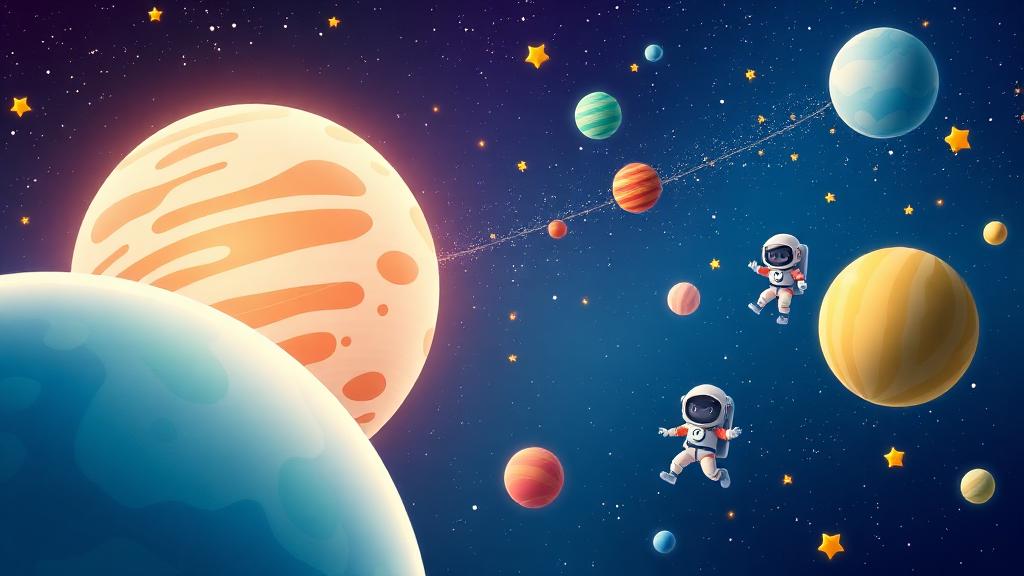 Illustrated space scene with friendly astronauts and colourful planets