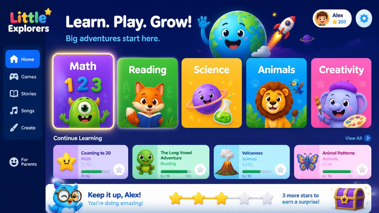 Colourful kids TV home screen with big character category tiles and continue-learning rail