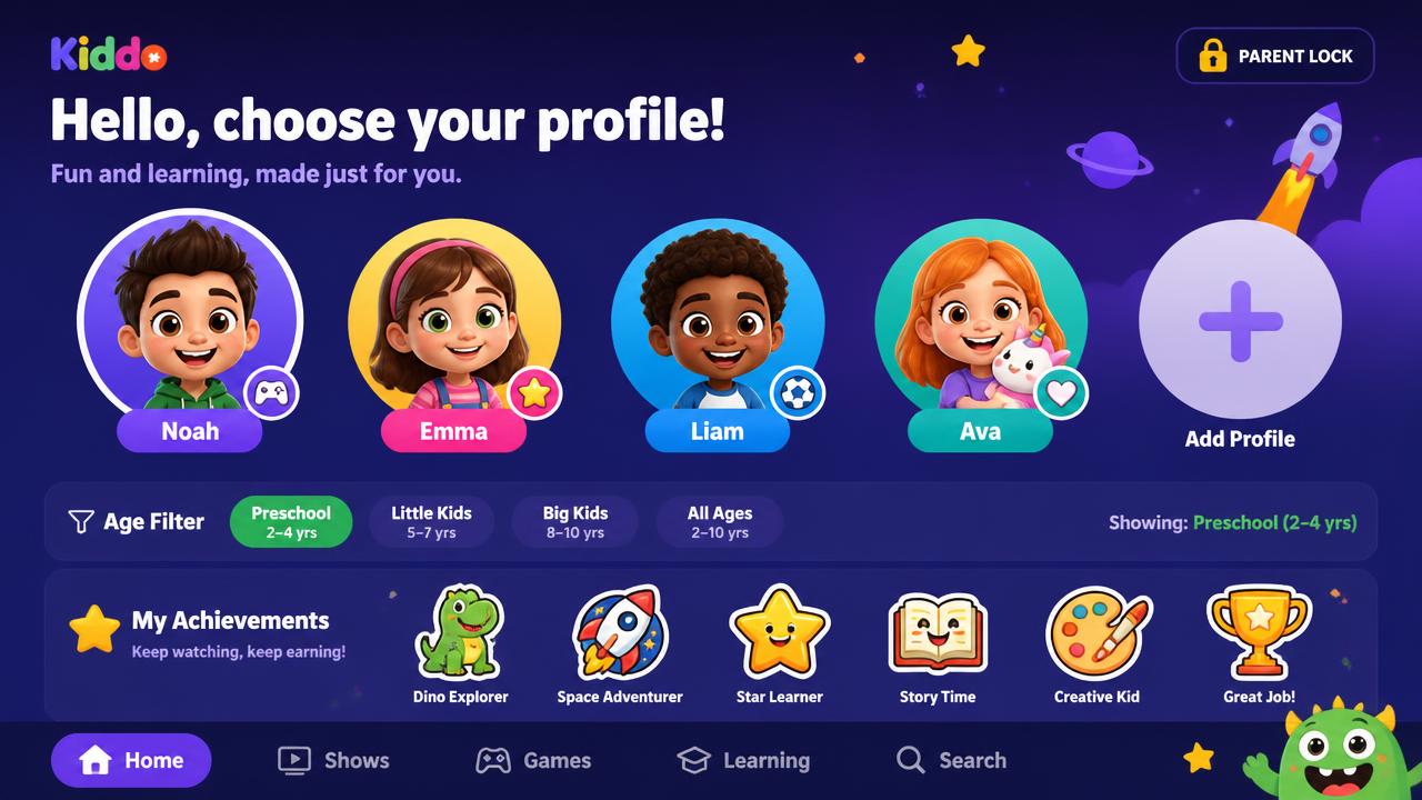 Kids profile picker with large avatars, age filters, parent lock and sticker achievements