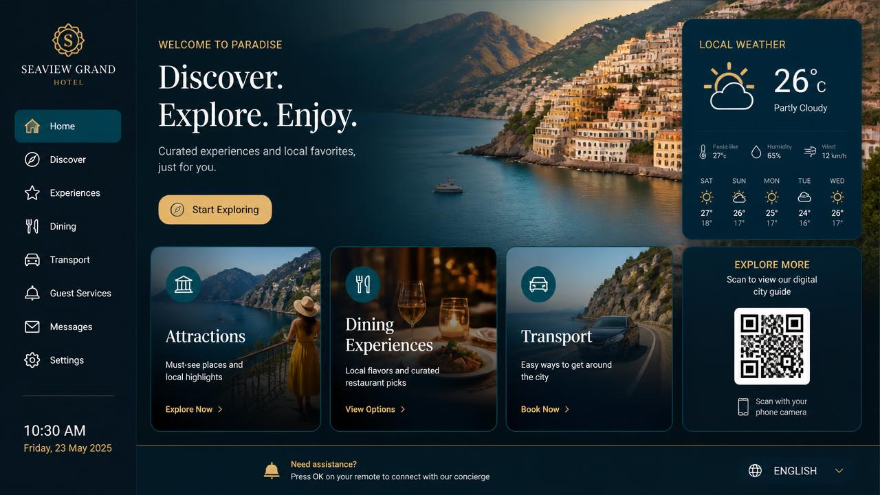 Hotel TV discovery dashboard with attractions, dining, transport tiles, weather and QR panel