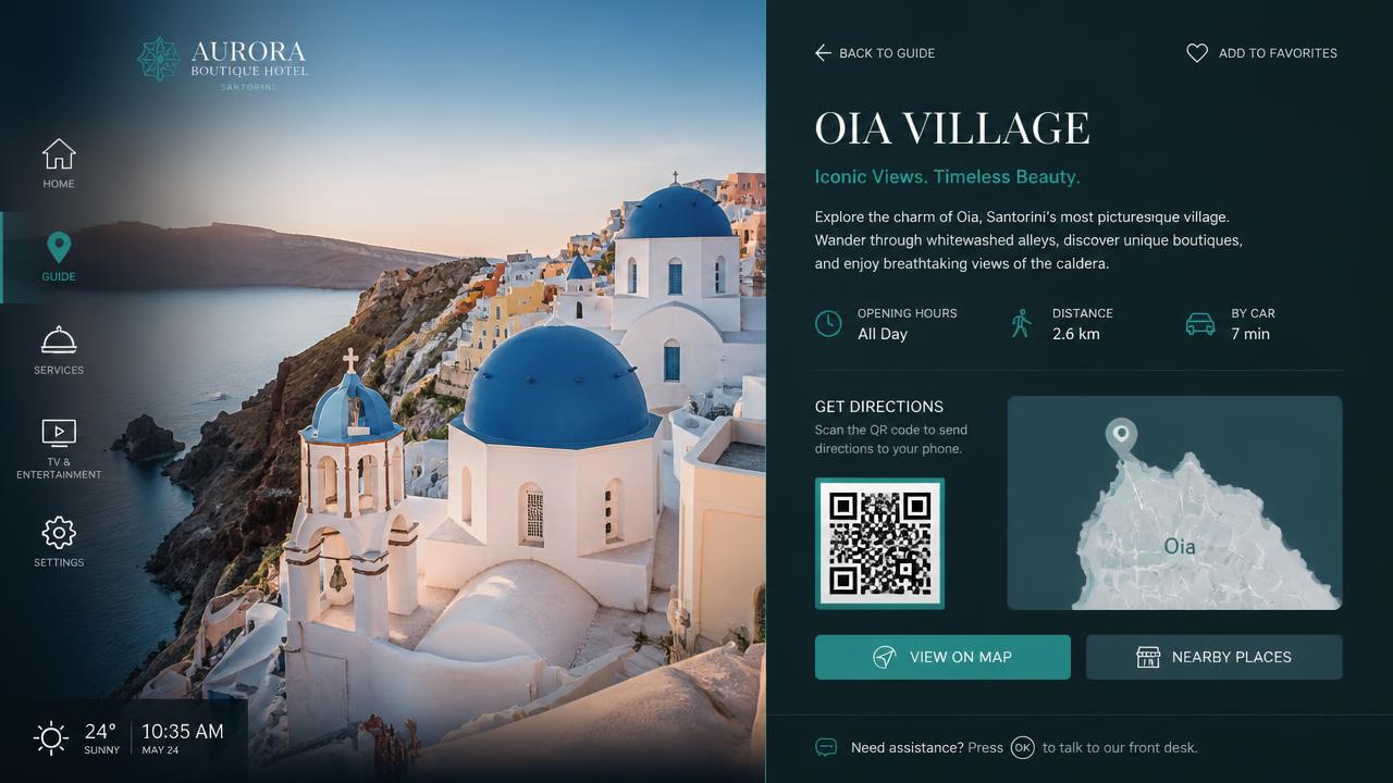 Travel guide detail screen with destination photo, opening hours, map and QR directions