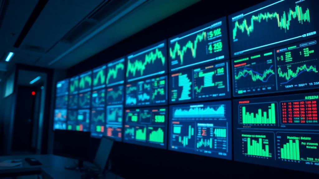 Wall of glowing financial charts in a darkened office