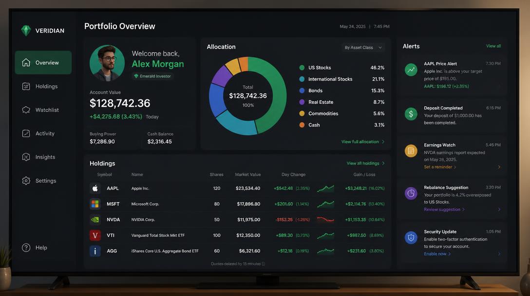 TV portfolio screen with account value, allocation donut chart, holdings list and alerts