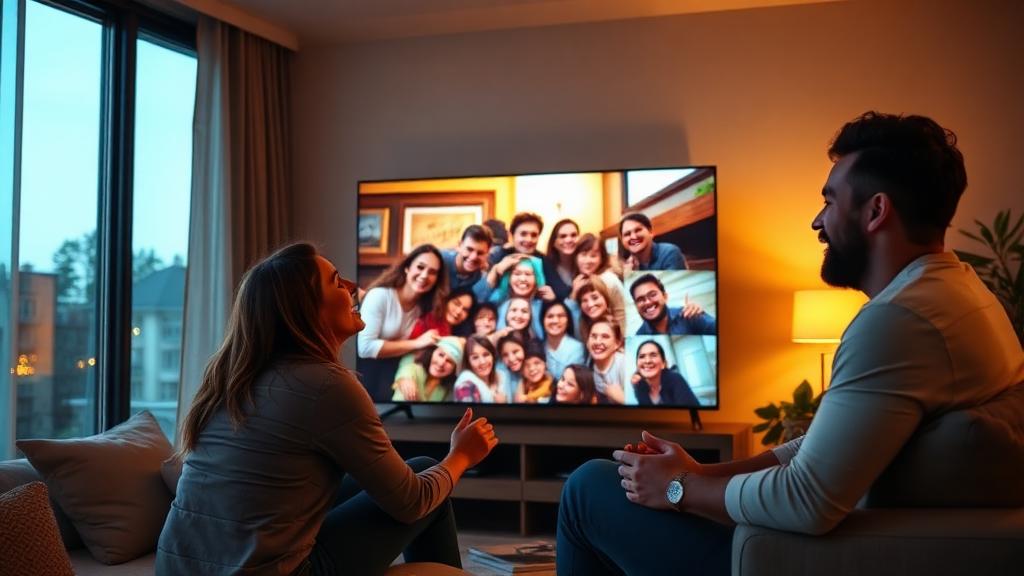 Friends watching a shared photo feed on a television in a living room