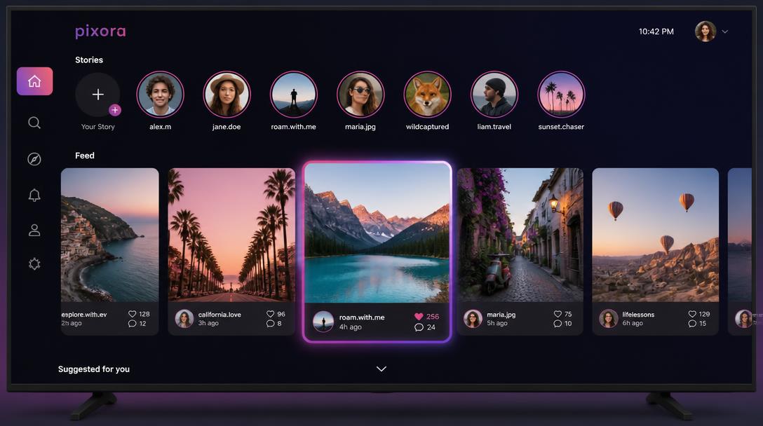 TV social feed with a stories rail of avatars and large photo cards with like counts