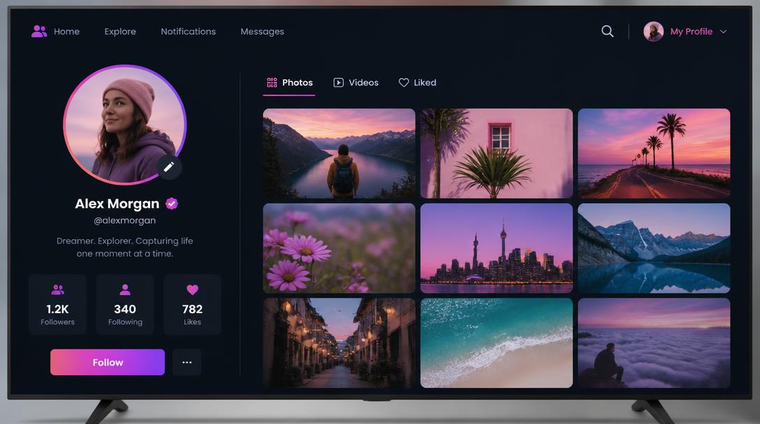 TV social profile page with avatar, follower stats and a three-column photo grid