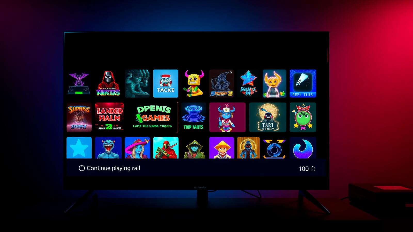 TV gaming hub with a grid of game tiles, a focused enlarged tile and a D-pad control hint bar