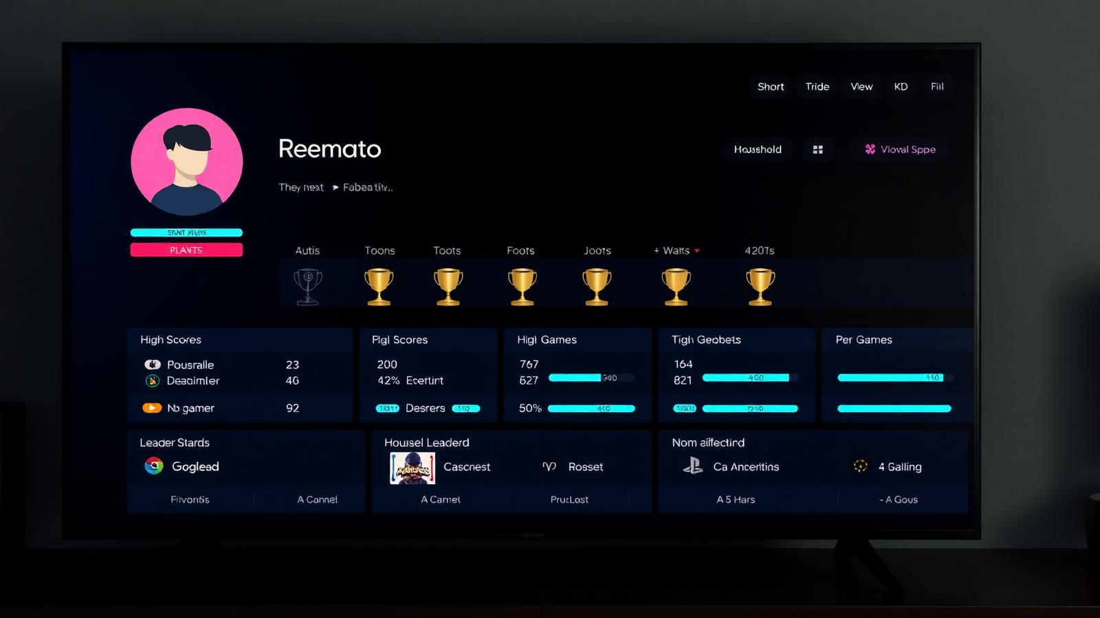 TV player profile with trophies, high scores, per-game stats and a household leaderboard