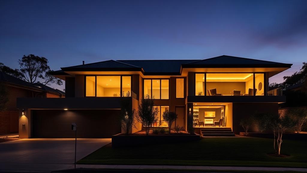Contemporary Australian home at twilight with warm interior lighting