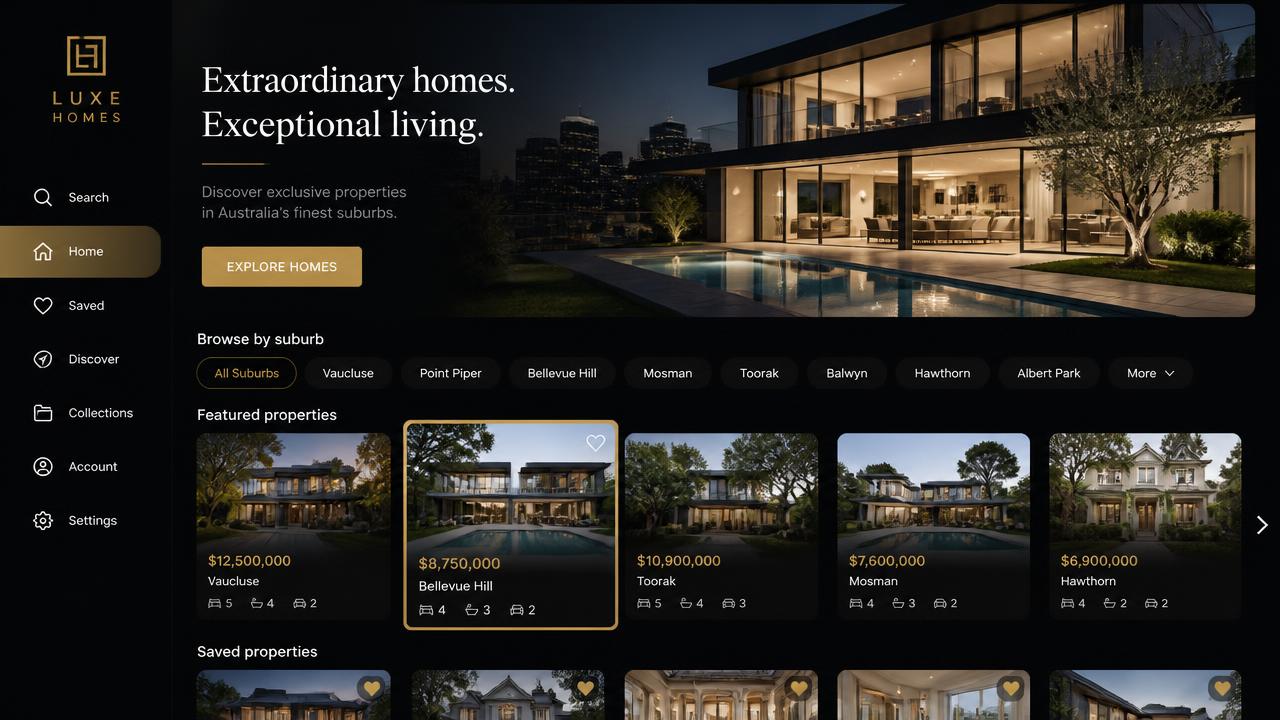Luxury property TV dashboard with hero home, suburb filters and featured property cards
