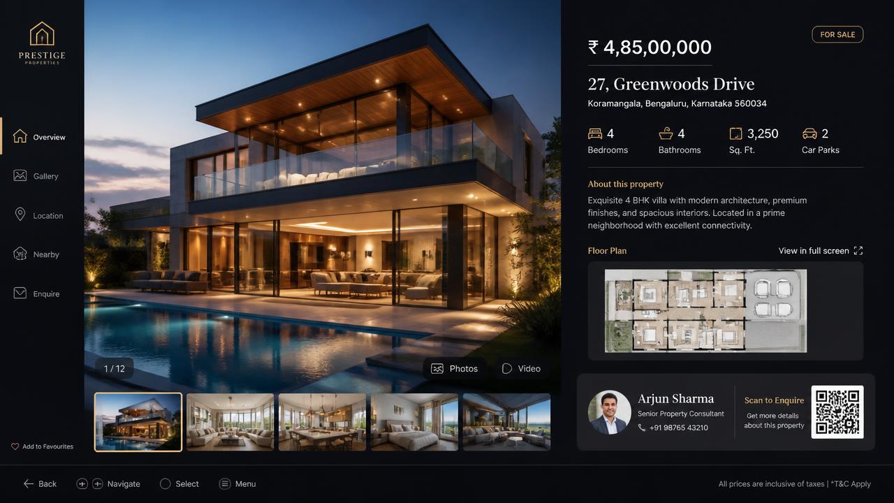 Property detail screen with photography, key features, floorplan and agent enquiry QR code