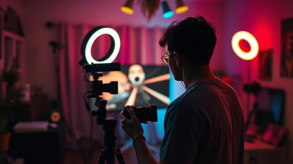 Video creator filming in a home studio with coloured lighting
