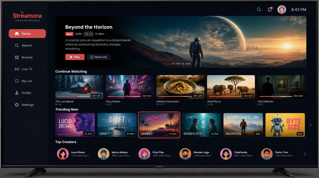 TV video platform home screen with featured player, recommendation rails and creator avatars