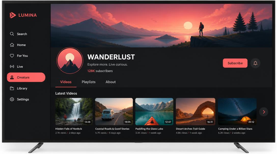 TV creator channel page with banner artwork, subscribe button and video grid
