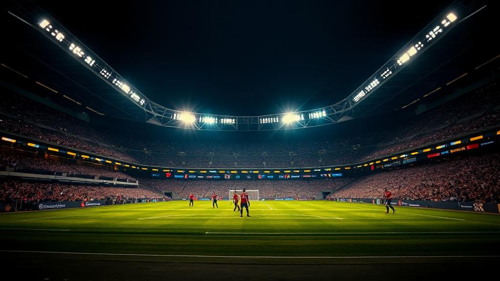 Floodlit sports stadium at night viewed from the stands